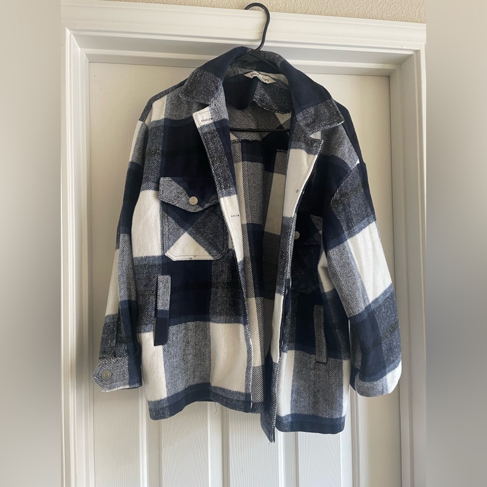 DAVI & DANI Blue and White Teddy Jacket Oversized Checkered Design